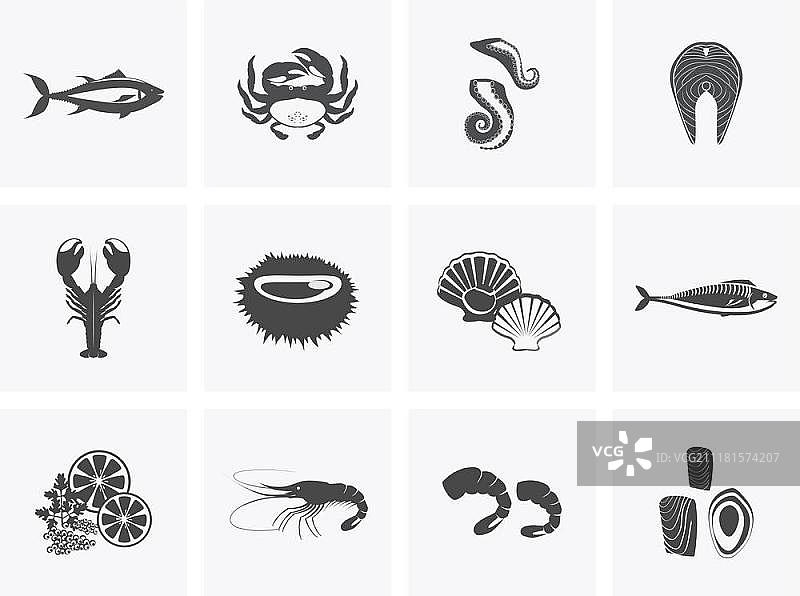 扁平风格海鲜套餐设计：鱼和螃蟹图片素材