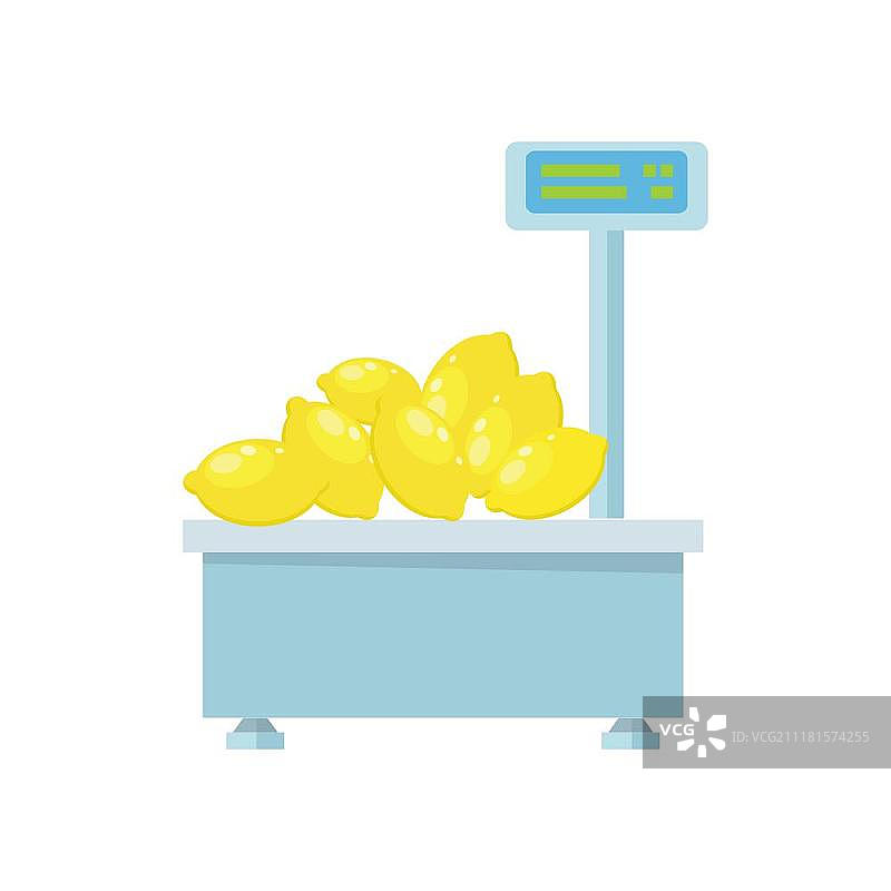 带柠檬的电子秤。蓝色电子秤与柠檬。扁平风格的秤图标。食物秤图标。重量秤图标。超市设备。白色背景上的隔离对象。矢量图。图片素材