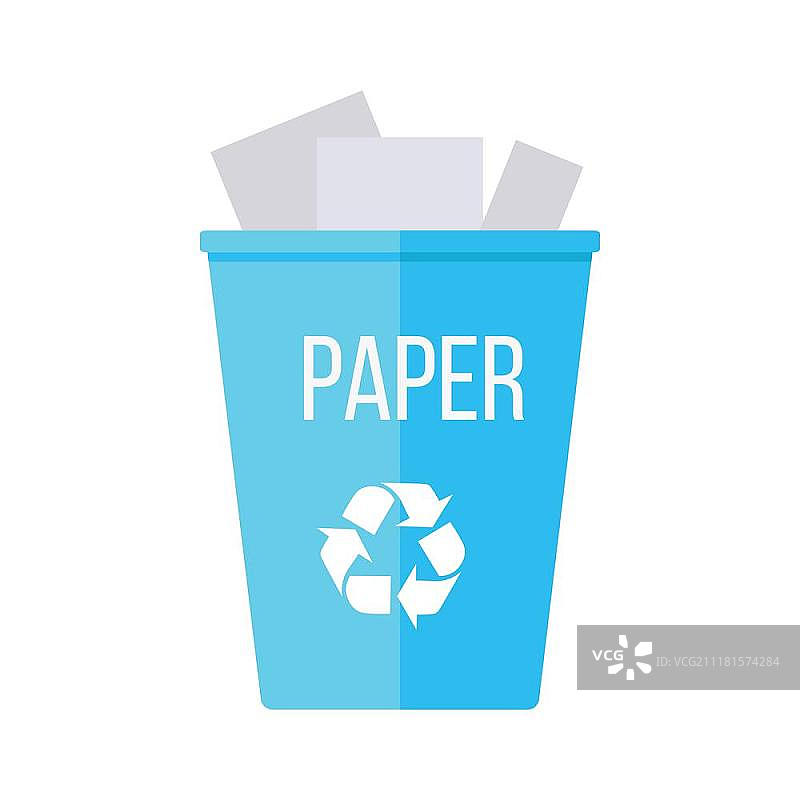 装有废纸的蓝色可回收垃圾箱图片素材