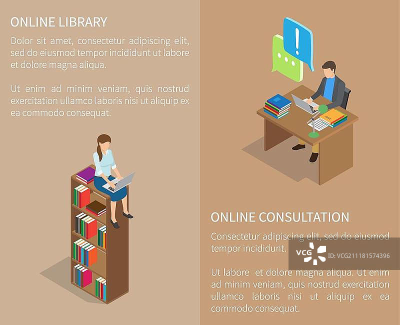 在线图书馆咨询宣传海报：女孩使用电脑，男人通过网络交谈图片素材