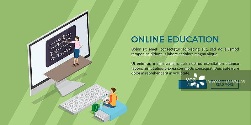 在线教育扁平风格Web Banner矢量模板：教师、黑板、电脑屏幕和笔记本电脑学生图片素材