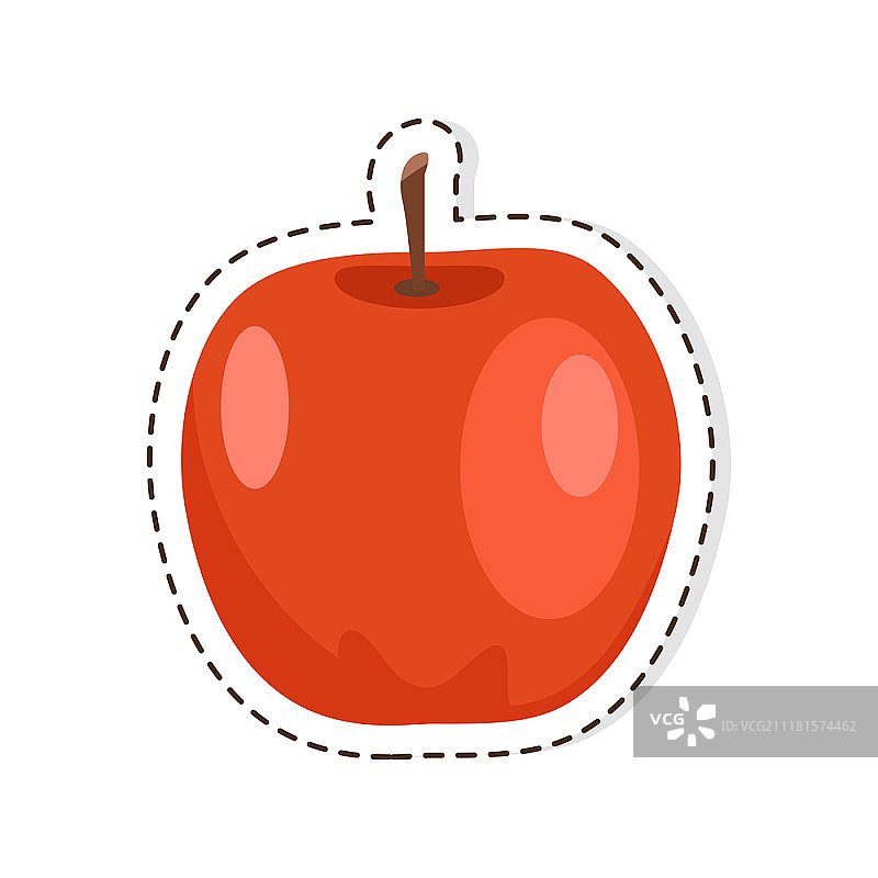 红色苹果扁平矢量隔离贴纸或图标，成熟水果贴纸或图标，白色背景红色苹果扁平矢量素材，虚线素食食品插图图片素材
