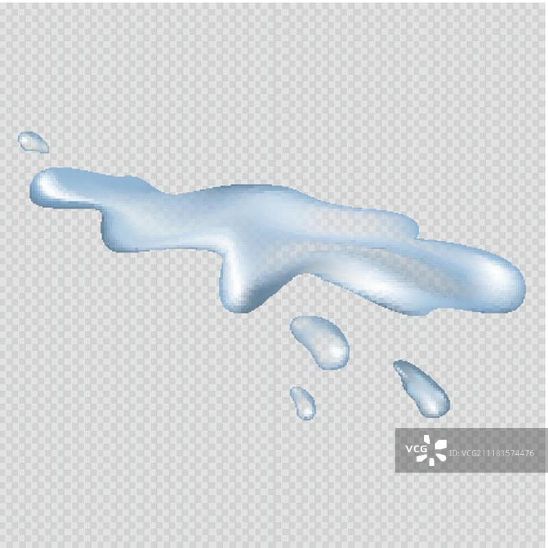 逼真洒水隔离插图。逼真的3D溢出清水，旁边有小滴，透明背景上的隔离矢量图。图片素材