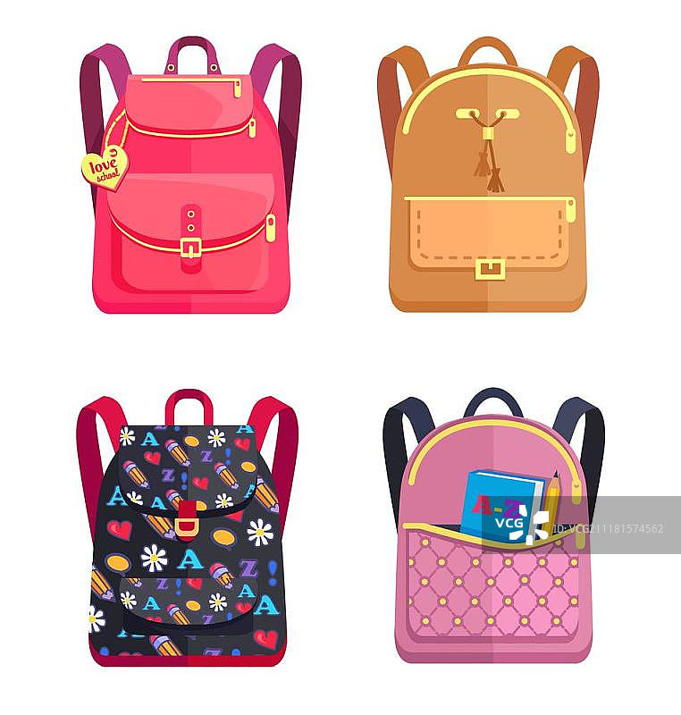 彩色中小学生双肩背包矢量素材：书包图标合集图片素材