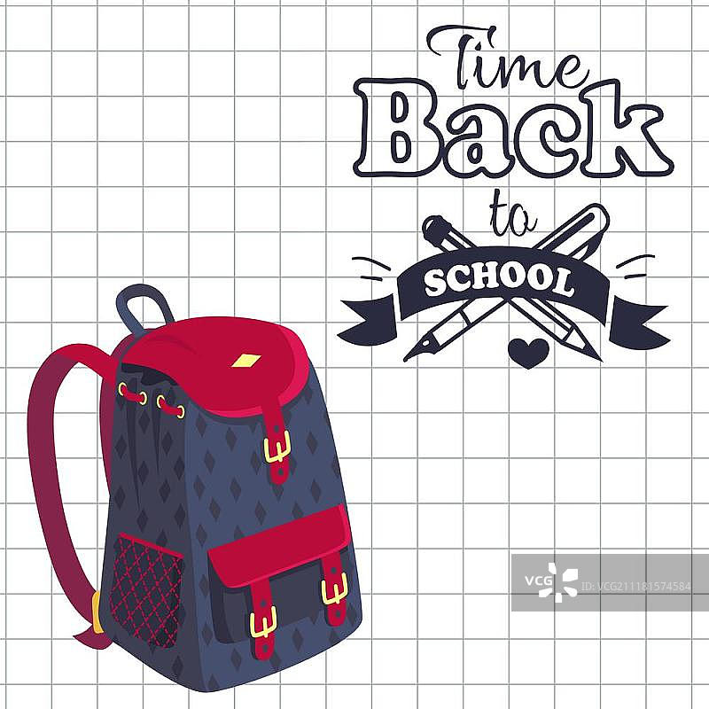 返校季海报书包传单。返校季海报，采用深蓝色和紫色时尚儿童背包模型，配有金属紧固件和口袋矢量图，位于方格传单上。图片素材