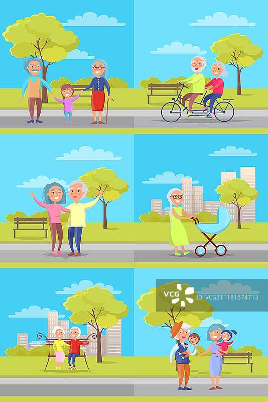矢量海报：祖父母与孩子在城市公园日常活动图片素材