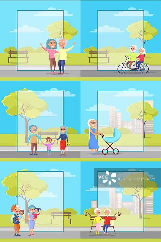 户外的老年人插画合集：在公园里享受时光的祖孙图片素材