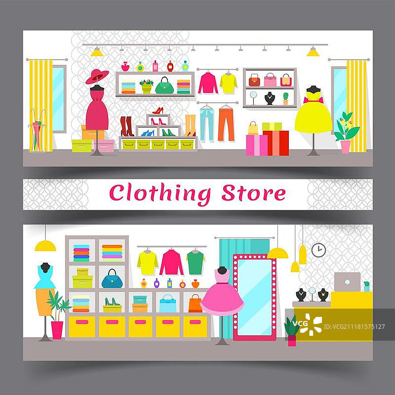 时尚服装店，现代内饰，黑色人体模型和货架上的时尚服装和配饰矢量图图片素材