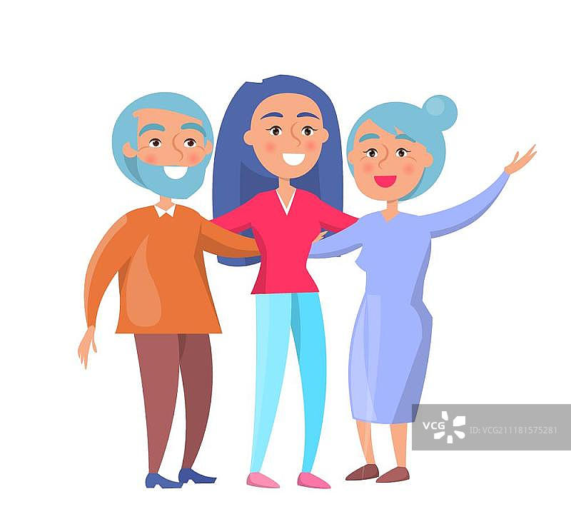 快乐的成熟家庭：妻子、丈夫和女儿矢量插画图片素材