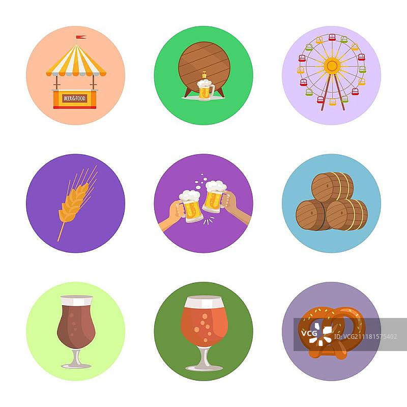 食物和啤酒矢量图中的圆形图像：木桶、景点、食品帐篷和酒精饮料图片素材