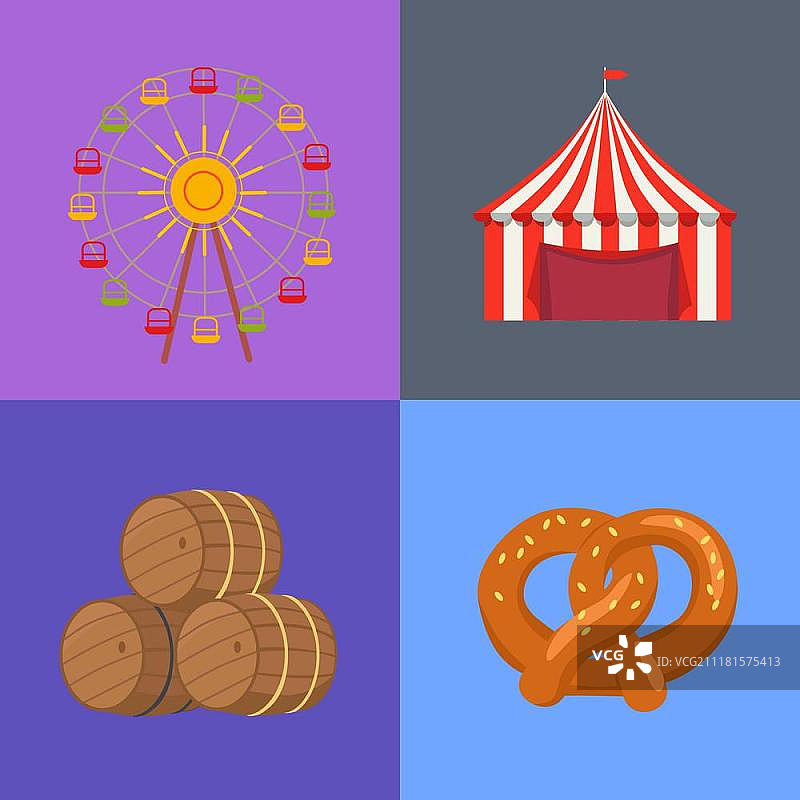 啤酒节矢量插画四图集。展示啤酒节景点、帐篷、桶和德国面包店的矢量插画。图片素材