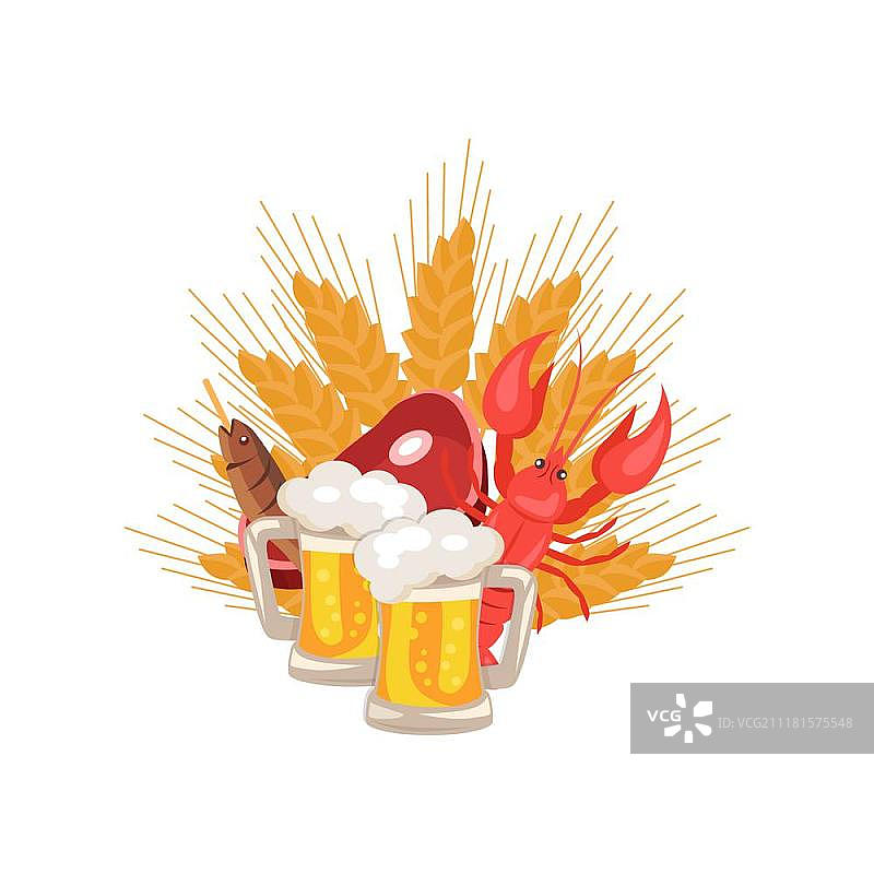 啤酒节啤酒和小吃矢量插图。两品脱啤酒、小吃包括一片火腿、鱼干、小龙虾和小麦在啤酒节上，白色背景上的矢量插图。图片素材