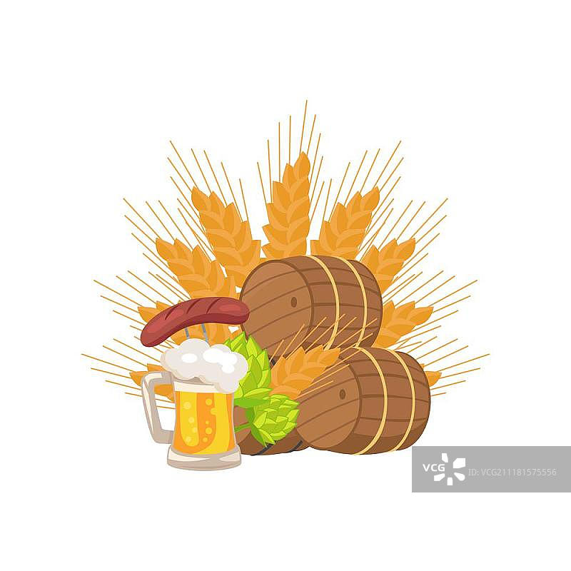 慕尼黑啤酒节海报，木质背景和文本。木桶、啤酒杯、炸香肠、啤酒花和麦穗白色背景矢量图图片素材
