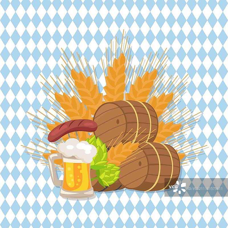啤酒节海报：木质背景上的啤酒桶、香肠和啤酒杯矢量图图片素材