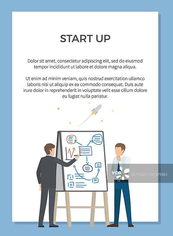 创业演示海报矢量插图：使用图表向另一人展示计划的男子图片素材