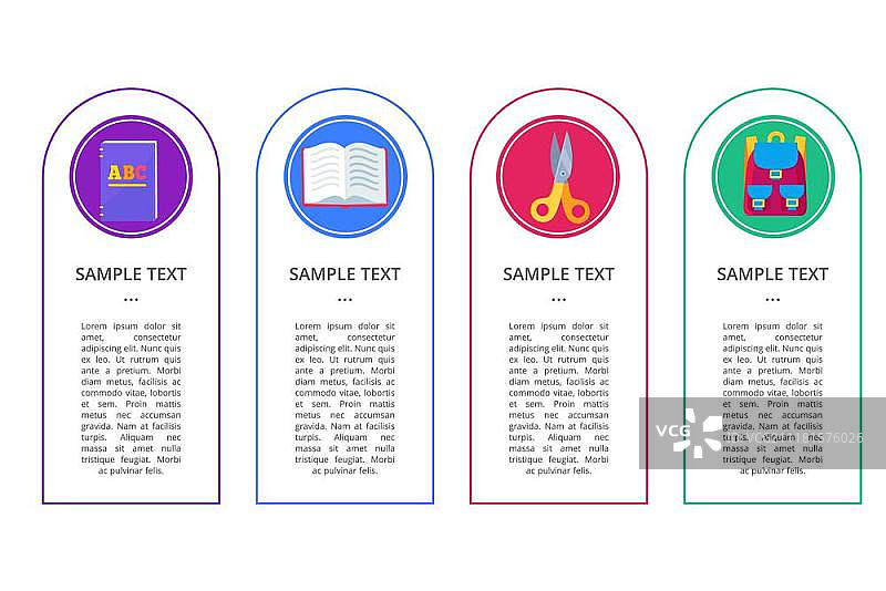 包含对象的圆形按钮横幅。包含ABC书本、打开的教科书、黄色剪刀和学校背包的圆形按钮横幅矢量插图图片素材
