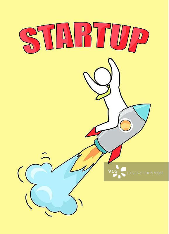 火箭发射中的创业者矢量插画。系着领带的创业者坐在带有窗户、火焰和烟雾的火箭上，举起双手，矢量插画在黄色背景中独立显示图片素材