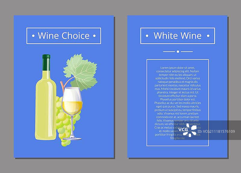 白葡萄酒选择矢量图：包含瓶子、玻璃杯和葡萄的白葡萄酒宣传册图片素材