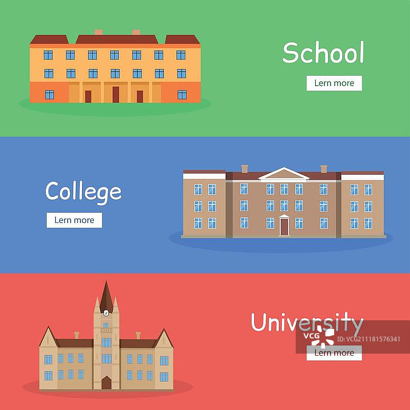 学校、学院和大学banner合集。棕色屋顶的棕色建筑。三层建筑。建筑图标。简笔画。扁平风格矢量图。教育banner合集图片素材