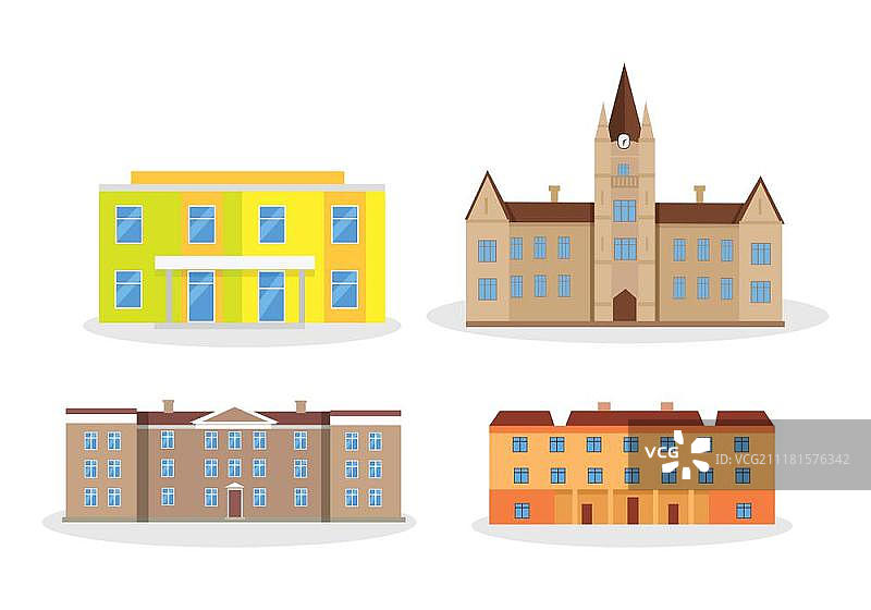 幼儿园、学校、学院、大学建筑合集：现代可编辑独立建筑，涵盖从童年到成年的教育机构，终身学习系列图片素材