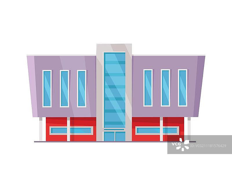 扁平风格购物中心网页模板。用于网页设计、banner的商业建筑概念插画，城镇背景上的商店、购物中心、商场、超市、商务中心。图片素材