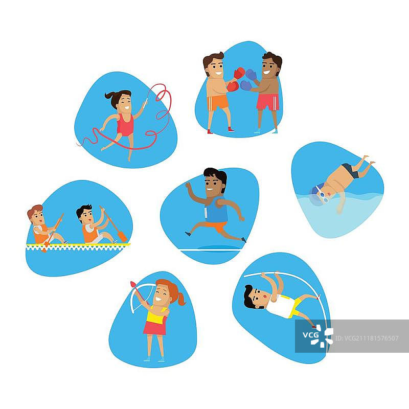 体育图标集。体育图标集。会项目的种类。跑步、游泳、体操、拳击、田径、划船、射箭。矢量象形图为网络，印刷和其他项目夏季会符号图片素材