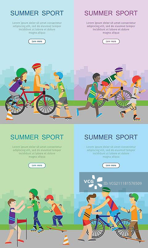 孩子们参加体育运动的网页横幅海报，夏季运动横幅，城市操场上的青少年，滑板少年、轮滑少年、自行车少年和跑步者，积极的生活方式概念，运动儿童矢量图图片素材