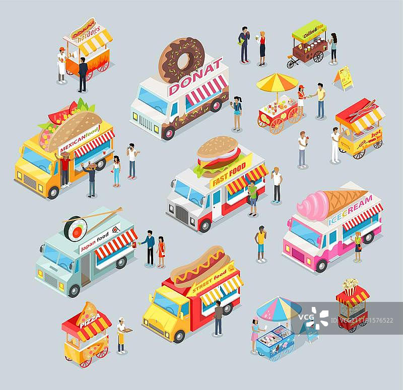 出售汽车、食品和饮料：街头餐车，墨西哥食品、日本料理、甜甜圈、快餐、冰淇淋、披萨、咖啡和茶、鲜榨柠檬水、爆米花。图片素材