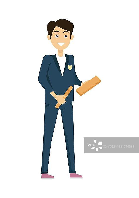 小学生独立人物。身穿蓝色外套和裤子的小学生。穿着校服，携带学习用品的微笑男孩。站在前面。小学生独立人物。学校人物。矢量插图。图片素材