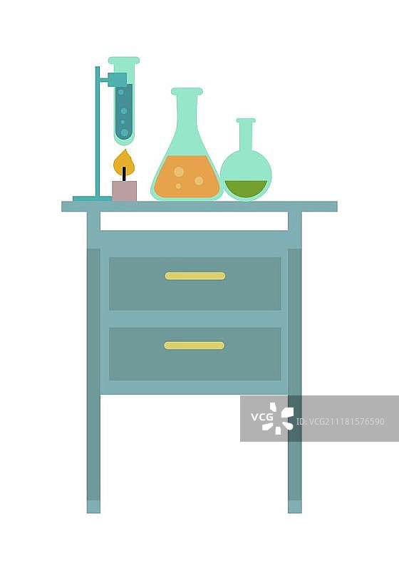 带有化学试剂的桌子，化学实验室，工作场所，实验玻璃器皿套装在桌子上，化学工具，化学研究过程，隔离矢量图在白色背景上图片素材