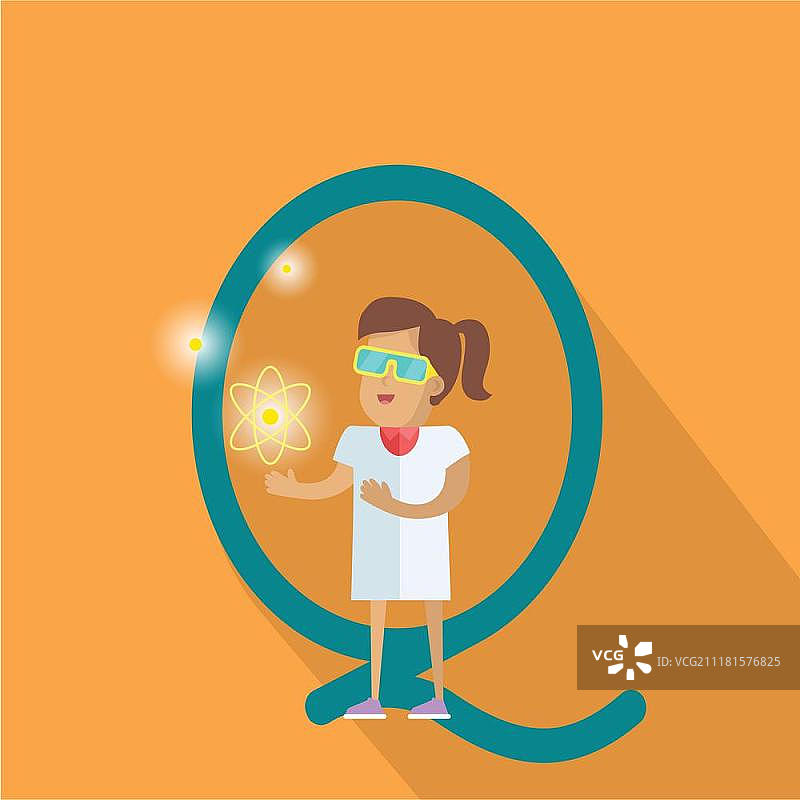 科学字母表矢量概念：扁平风格，ABC元素。女科学家身穿白大褂，手持原子结构，Q字母在后。教育词汇表，橙色背景阴影。扁平设计科学字母概念图片素材