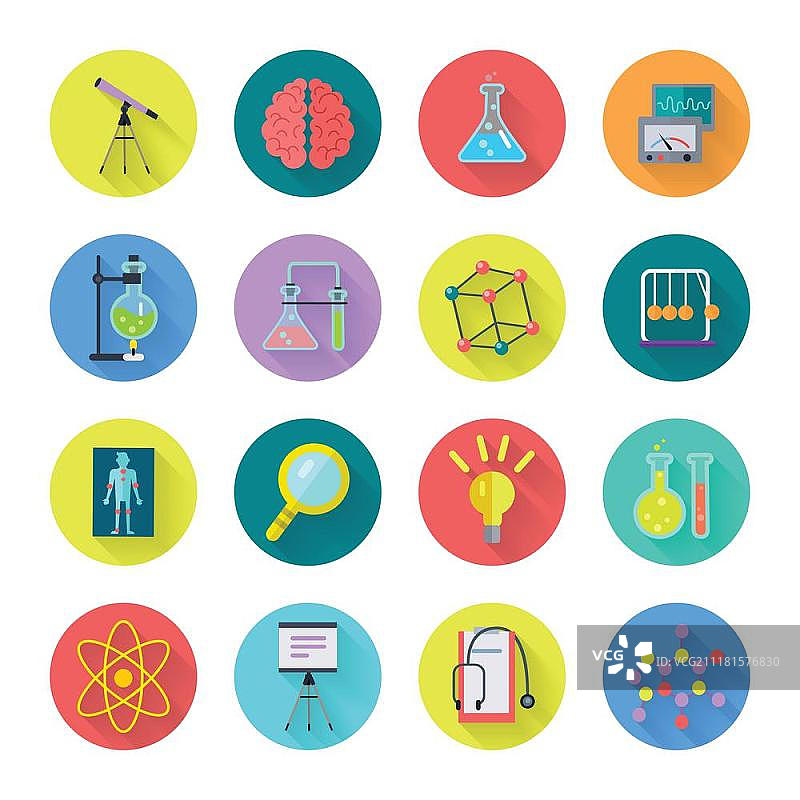 科学矢量图标合集：扁平设计，实验室工具、原子晶格、放大镜、灯泡、大脑，用于科学、教育、医学概念，App按钮图片素材