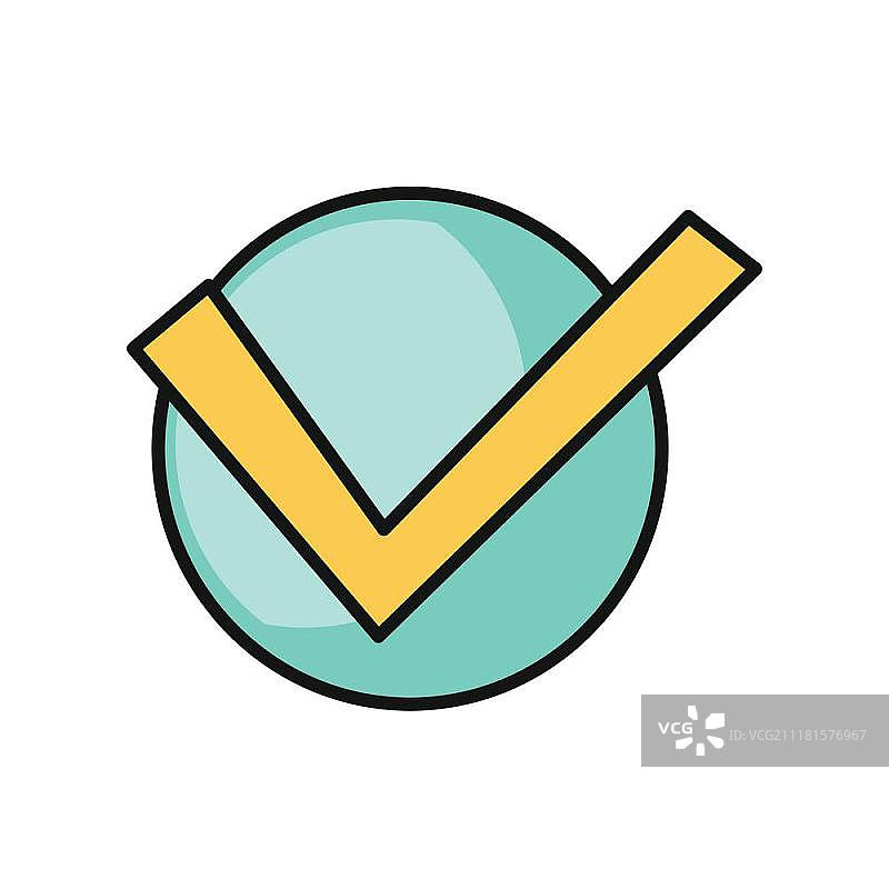 圆形对勾图标。蓝色背景上的橙色对勾元素。商务设计元素。扁平风格的符号图标。矢量素材。图片素材