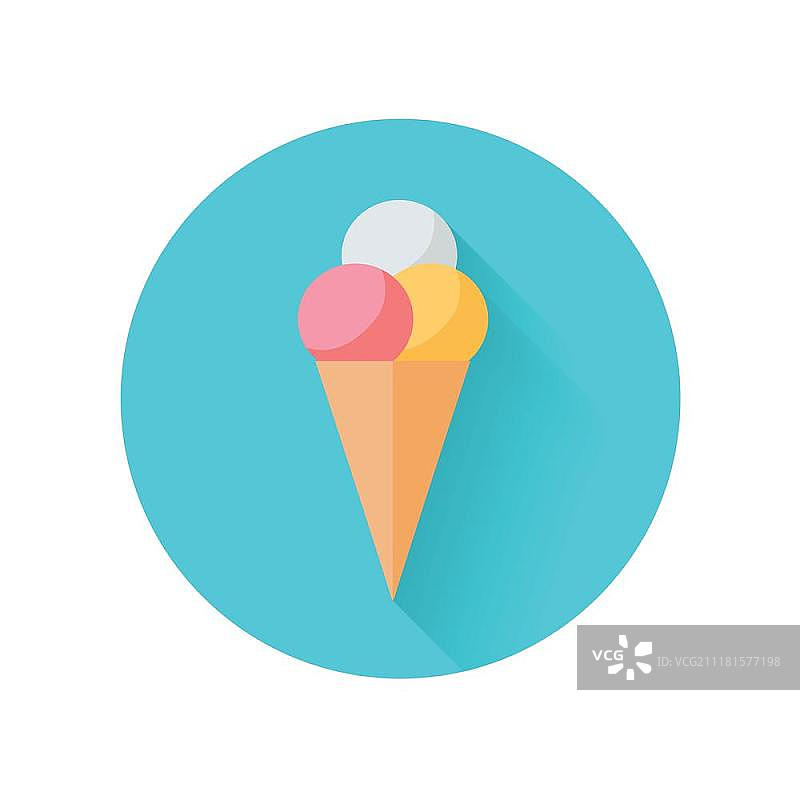 扁平风格冰淇淋矢量插画：华夫饼锥盛放三色冰淇淋球，清爽冷饮，夏季甜点，适用于食品概念、饮食信息图、图标或网页设计，白色背景图片素材