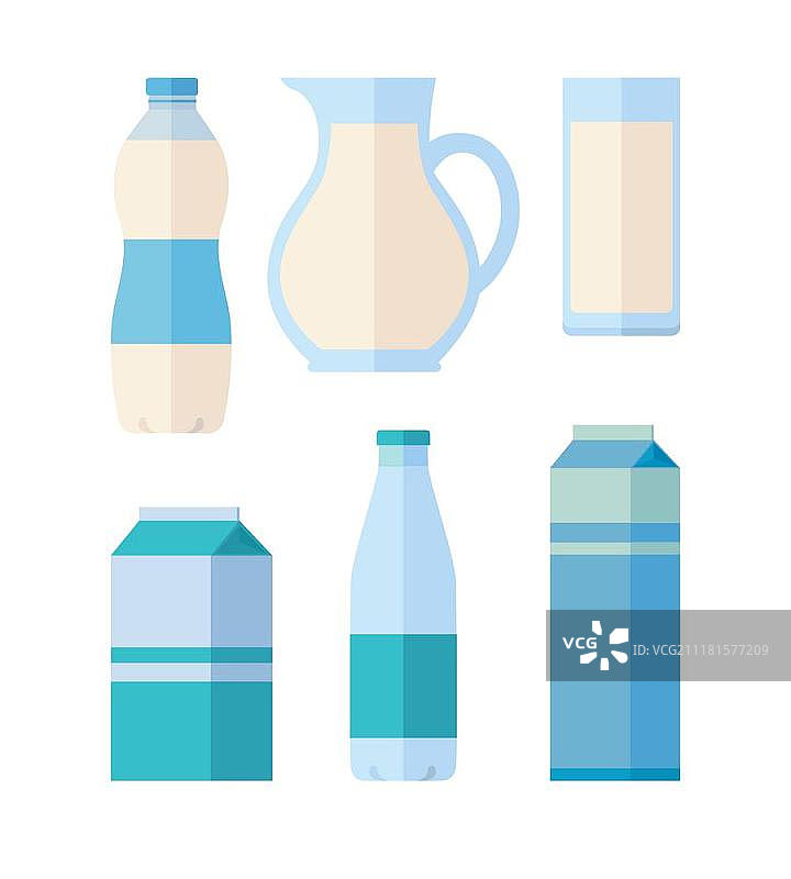 传统乳制品合集：包装好的开菲尔、牛奶和酸奶等，农场食品矢量扁平插画图片素材