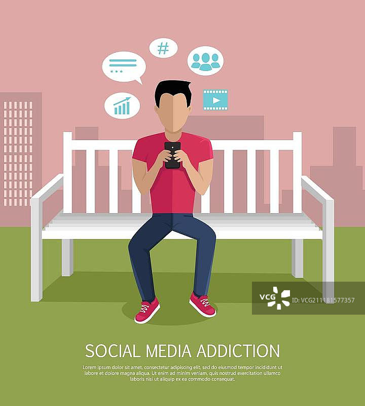 社交媒体沉迷概念矢量图。扁平设计。男人坐在长椅上玩手机。周围是社交网络图标。人们在线交流图片，用于信息图表、网页设计。社交媒体沉迷概念矢量图图片素材