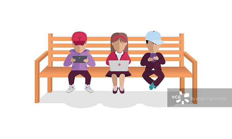 互联网沉迷概念矢量扁平设计儿童坐在长凳上，手里拿着电脑和手机人们在线交流图片，用于信息图表、网页设计白色背景上的孤立互联网沉迷概念矢量扁平设计互联网沉迷概念矢量扁平设计图片素材