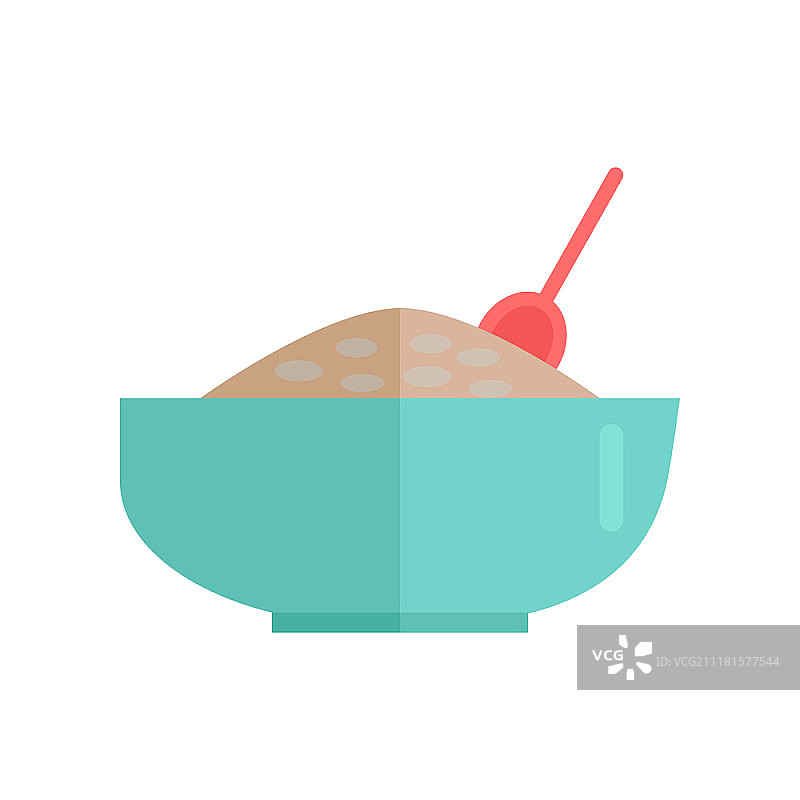 谷物粥矢量图。扁平风格设计。膳食产品概念。传统菜肴燕麦片、小麦或谷物在深蓝绿色盘子里配勺子。隔离在白色背景上。图片素材