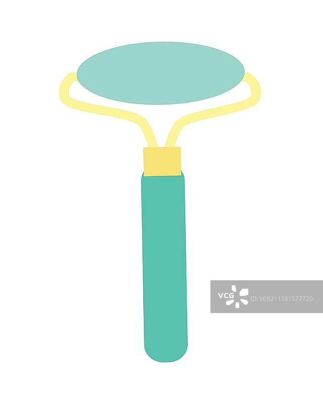 手持按摩滚轮。蓝色手持式按摩滚轮。面部和身体的塑料按摩器。手持按摩器图标。头部按摩设备。按摩工具图标。滚动按摩工具。平面矢量图。图片素材