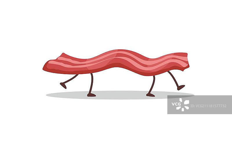 白色背景上逃跑的培根，趣味食物故事概念banner。卡通风格的新鲜熟肉，儿童快乐套餐宣传海报矢量设计插画图片素材