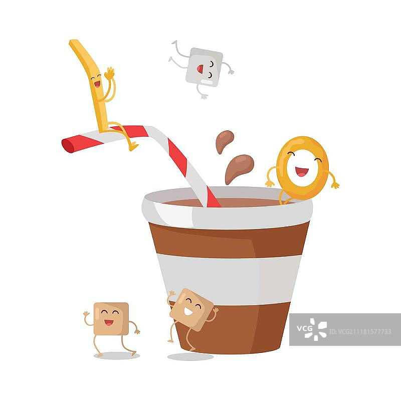 卡通棕白条纹苏打水或果汁杯，快乐有趣的糖果、甜甜圈和棍子人物。儿童美味饮料，清凉饮品，儿童菜单，气泡饮料，扁平风格矢量图图片素材