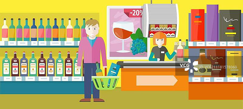 在高级葡萄酒商店购买酒精饮料的人，超市内部设计。今日饮品八折优惠大促销。收银员坐在收银台前。矢量图图片素材