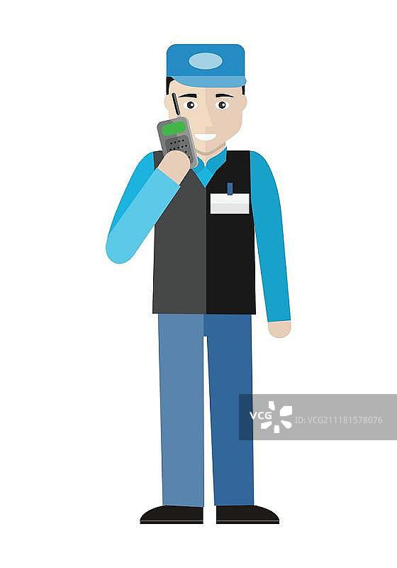 扁平风格保安人员角色插画：超市保安蓝色制服形象图片素材