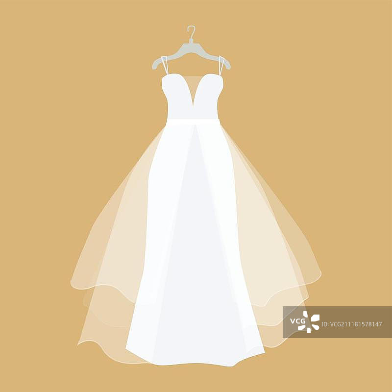 扁平设计风格的婚纱矢量图。婚纱矢量图。扁平设计。挂在衣架上的新娘优雅白色婚纱。准备结婚典礼。适用于婚纱店、假日策划公司广告图片素材