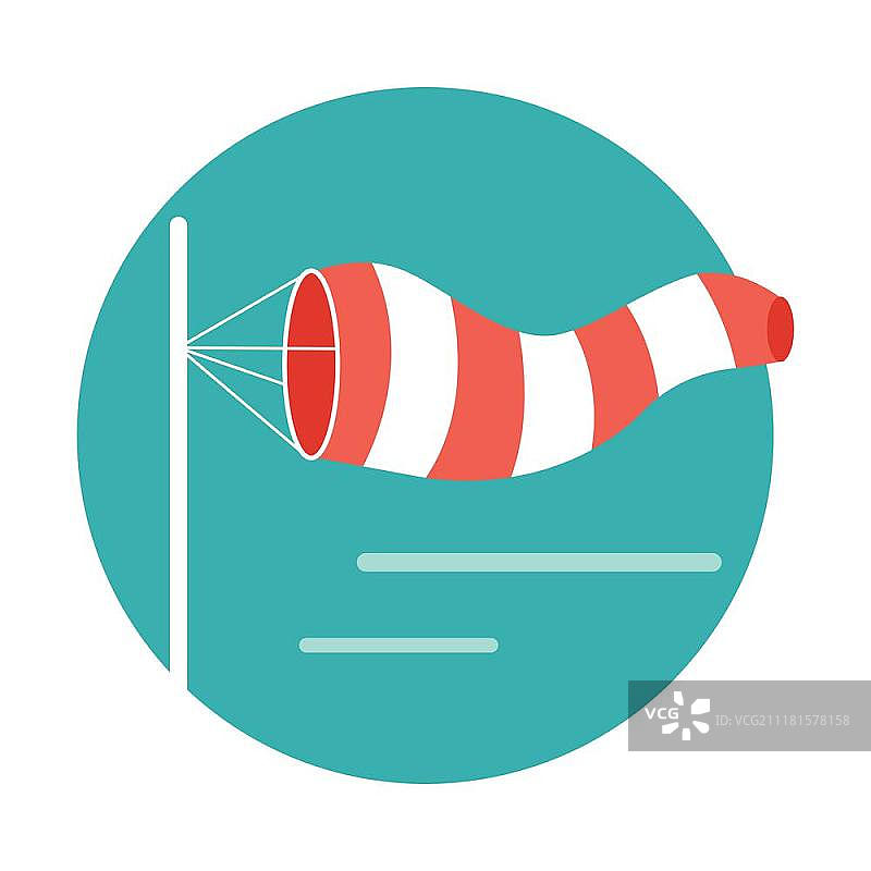 被风吹胀的气象风向标矢量图。红白风向标指示风的方向和强度。锥形纺织管。用于机场、多风位置的高速公路旁。矢量图图片素材