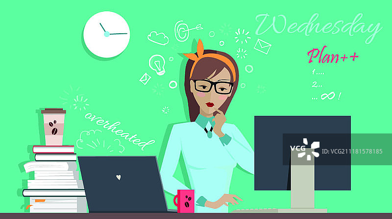 星期三工作日。女人计划她的工作。女人计划一周的工作。女孩写一周的行动计划。一周的日常生活系列。工作时间，日程安排。矢量插图图片素材