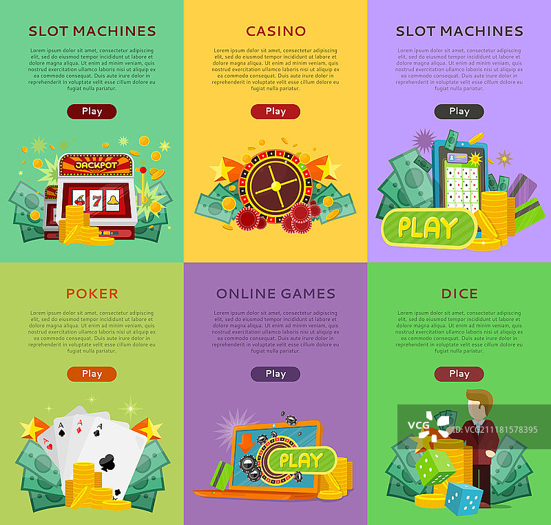 赌博矢量banner合集：扁平风格，包含扑克、老虎机、骰子、在线游戏等，适用于虚拟赌博和娱乐服务网页设计图片素材