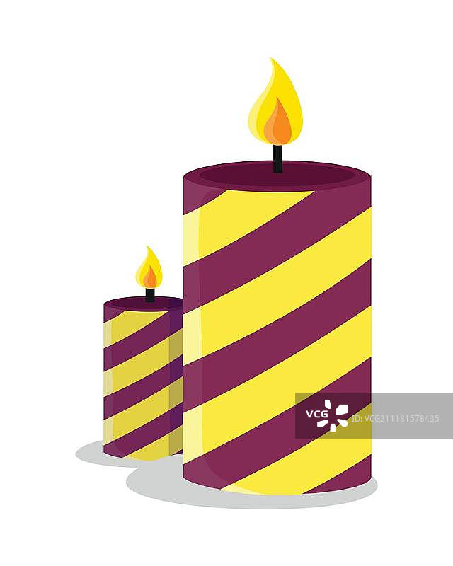白色背景上的条纹节日蜡烛矢量图。圣诞蜡烛插画，新年快乐概念，装饰蜡元素图片素材