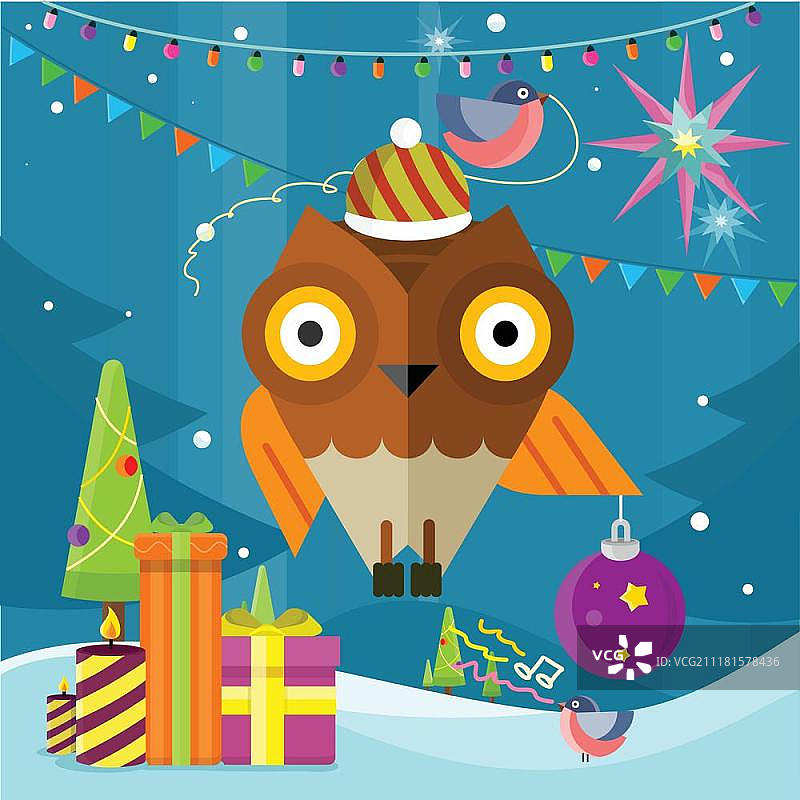 新年背景上的圣诞球猫头鹰图片素材