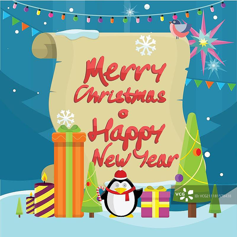 冬季节日元素矢量概念：圣诞树、礼品盒、蜡烛与企鹅图片素材